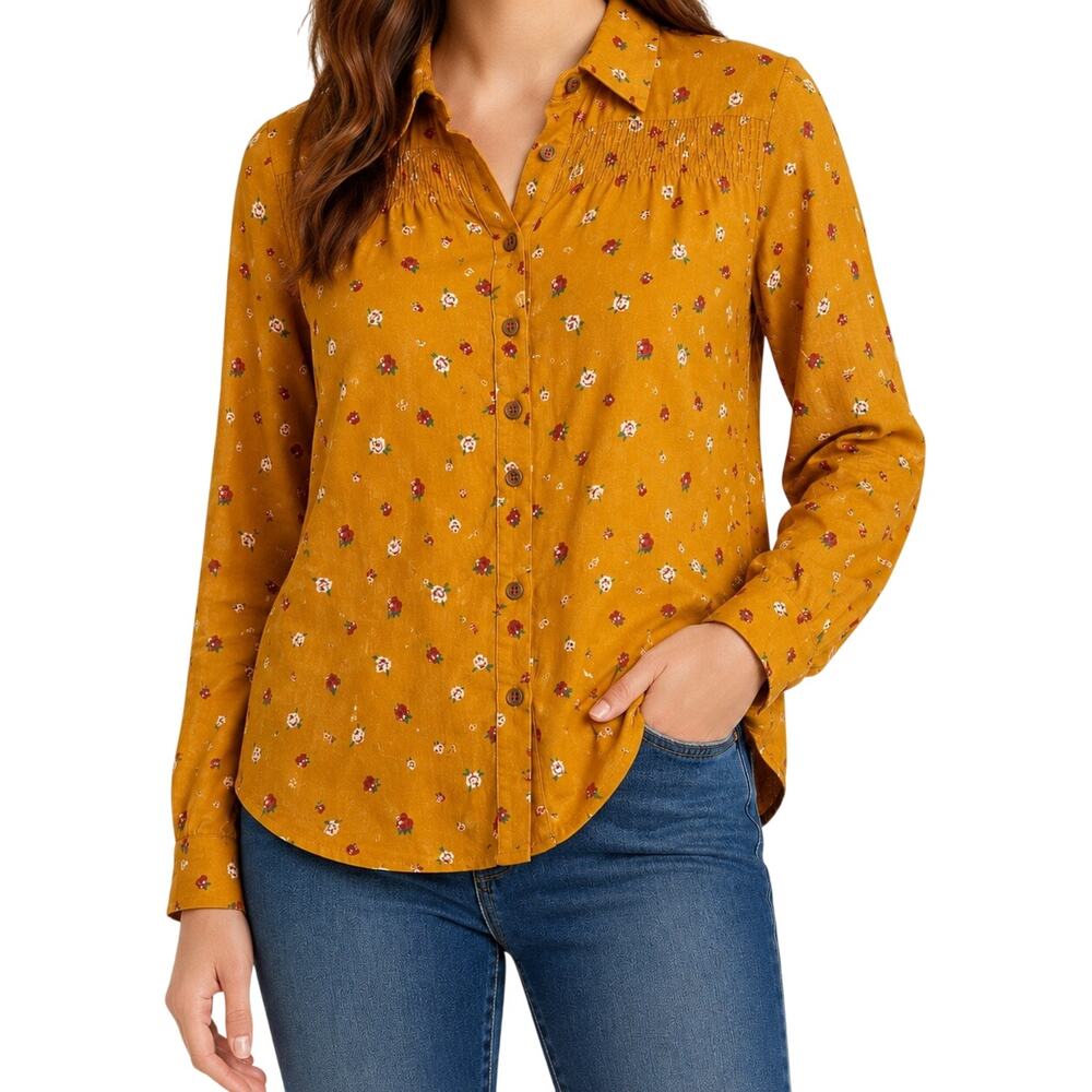Marve By Anthropologie Sz US 00 XS Yellow Floral Long Sleeve Blouse Shirt Top - Picture 1 of 7